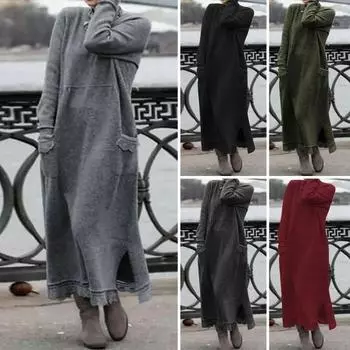 Зимнее платье с флисовой подкладкой, теплый, приятный на ощупь стильный повседневный пуловер больших размеров, толстовка, платье макси для улицы 2XL армия зеленый