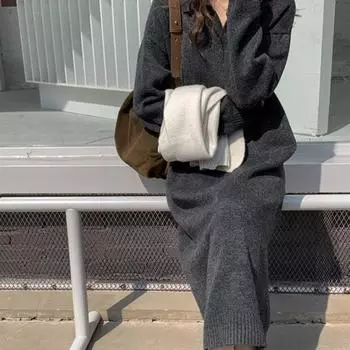 Зимнее платье с лацканами, незамерзающее мягкое стильное зимнее теплое свободное вязаное длинное платье, повседневная одежда черный серый