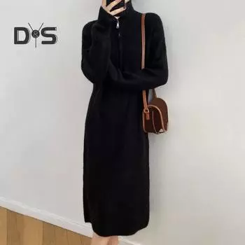 Зимнее платье-свитер с отложным воротником на молнии, длинные рукава, свободное трикотажное платье миди с однотонной полосатой текстурой абрикосовый