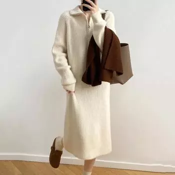 Зимнее платье-свитер с застежкой-молнией, отложным воротником, длинными рукавами, свободная вязка, однотонная полосатая фактура серый