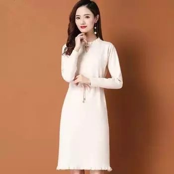 Зимнее платье женское 2023, женское элегантное платье в полоску на шнуровке из двух предметов, однотонное, выше колена, с круглым вырезом, благородное платье-свитер, женское One Size чёрный