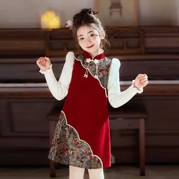 Зимнее плюшевое платье-ципао для девочек - теплая юбка принцессы в стиле ханьфу для маленьких и средних детей 140cm
