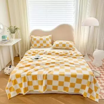 Зимнее покрывало с контрастным цветным принтом в клетку, двухстороннее, для спальни, гостиной S жёлтый/белый