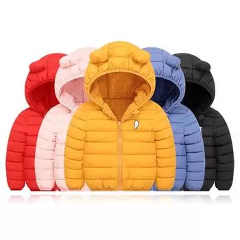 Зимнее пуховое пальто для малышей для мальчиков и девочек, утолщенная стеганая куртка на меховой подкладке, верхняя одежда с капюшоном на молнии с мультяшным медведем, От 1 до 7 лет 110
