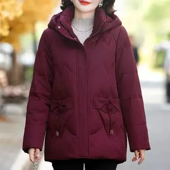 Зимнее пуховое пальто для женщин, верхняя одежда больших размеров с капюшоном и вышивкой, элегантный толстый теплый пуховик для женщин Prakas XL вино красного