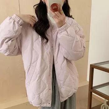 Зимнее пуховое пальто из ромбовидного хлопка 2024 года, новое маленькое свободное универсальное ленивое утолщенное хлопковое пальто для женщин S60kg or less