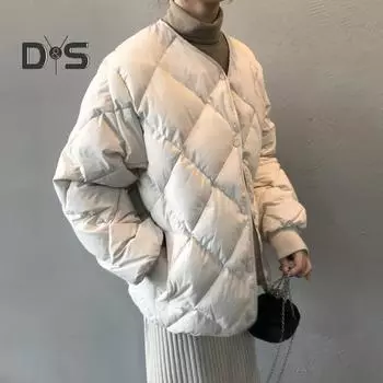 Зимнее пуховое пальто с карманами, утепленное, с V-образным вырезом, ромбовидной строчкой, застежкой-молнией, ветрозащитное, сохраняющее тепло, повседневная верхняя одежда для холодной погоды, хлопковая куртка M бежевый