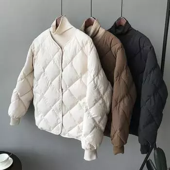 Зимнее пуховое пальто с карманами, утепленное, с V-образным вырезом, ромбовидной строчкой, на молнии, ветрозащитное M чёрный