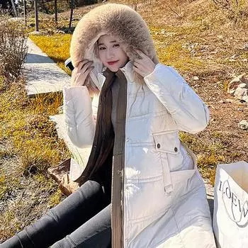 Зимнее пуховое пальто с меховым воротником и капюшоном, женские длинные парки, модная одежда, хлопковая куртка, женское пальто M серый