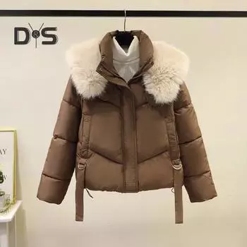 Зимнее пуховое пальто с подкладкой из меха, капюшоном, воротником-стойкой, карманами, застегивающейся на молнию, паркой с декоративными ремешками, ветрозащитной, сохраняющей тепло, повседневной верхней одеждой для холодной погоды, хлопковой курткой M чёрн