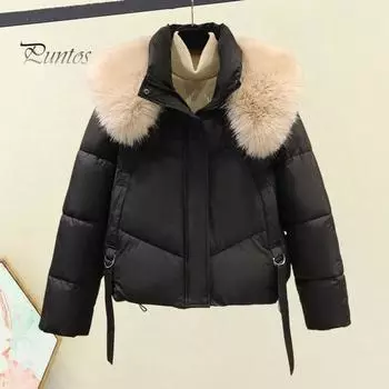 Зимнее пуховое пальто с подкладкой из меха, капюшоном, воротником-стойкой, карманами, застегивающейся на молнию, паркой с декоративными ремешками, ветрозащитной, сохраняющей тепло, повседневной верхней одеждой для холодной погоды, хлопковой курткой M фиол