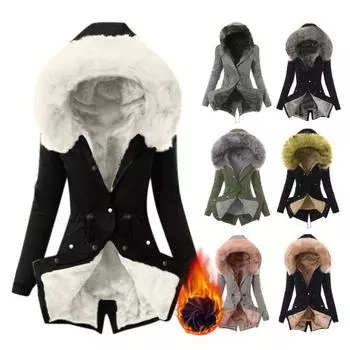 Зимнее пуховое пальто с подкладкой, меховым капюшоном и карманами, застежка-молния, парка, ветрозащитная, сохраняющая тепло, повседневная верхняя одежда для холодной погоды, куртка S