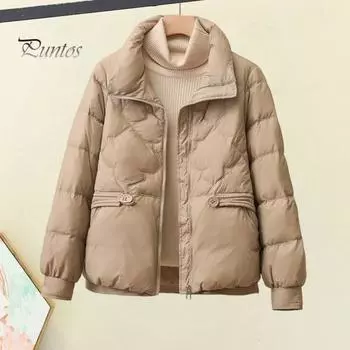 Зимнее пуховое пальто с подкладкой, отложным воротником, карманами, застегивающейся на молнию, ветрозащитной, сохраняющей тепло, повседневной верхней одеждой для холодной погоды, хлопковой курткой M хаки