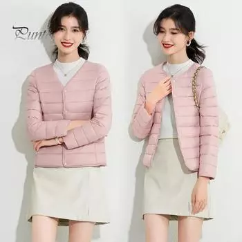Зимнее пуховое пальто с подкладкой V-образный вырез Карманы Застежка на пуговицах Ветрозащитный Сохранение тепла Повседневный внутренний слой для холодной погоды Куртка из хлопка M розовый