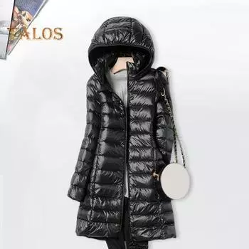 Зимнее пуховое пальто с сумкой для хранения, утолщенный стеганый плюшевый капюшон, средней длины, ветрозащитная, с длинными рукавами, ветрозащитная, теплая, повседневная верхняя одежда из хлопка, куртка L чёрный