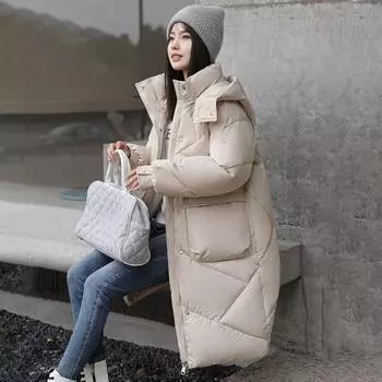 Зимнее пуховое пальто с утеплителем, капюшоном, воротником-стойкой, карманами, застежкой-молнией M зелёный