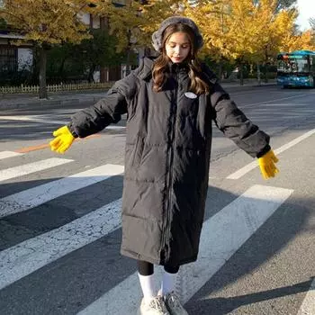 Зимнее пуховое пальто с утеплителем, капюшоном, воротником-стойкой, длиной выше колена, карманами, застежкой-молнией S чёрный