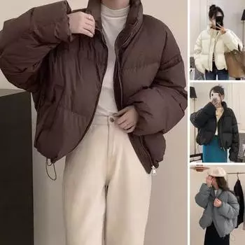 Зимнее пуховое пальто с утолщенной подкладкой, воротник-стойка, защита шеи, карманы, застежка-молния M серый