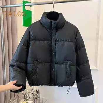 Зимнее пуховое пальто с утолщенной подкладкой, воротником-стойкой, карманами, однобортное, ветрозащитное, с длинными рукавами, сохраняющее тепло, теплая повседневная верхняя одежда, хлопковая куртка M белый