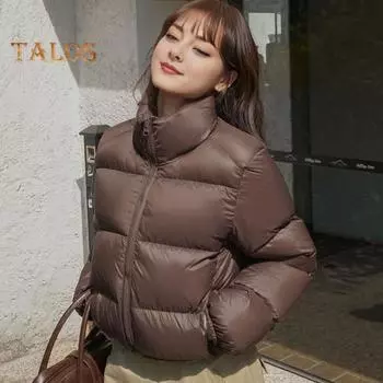 Зимнее пуховое пальто с утолщенной подкладкой, воротник-стойка, защита шеи, карманы на молнии, застежка-молния, ветрозащита, сохранение тепла, повседневная верхняя одежда для холодной погоды, хлопковая куртка S кофейный