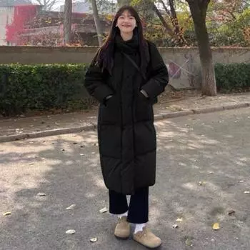 Зимнее пуховое пальто с утолщенной подкладкой, воротник-стойка, защита шеи, длина до колена, карманы 2XL хаки