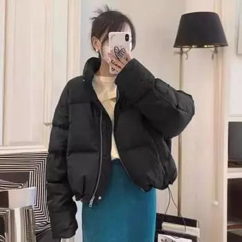 Зимнее пуховое пальто с утолщенной подкладкой, воротник-стойка, защита шеи, карманы, застежка-молния M кофейный