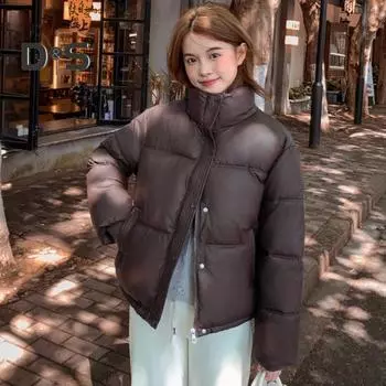 Зимнее пуховое пальто с утолщенной подкладкой, воротник-стойка, карманы, застегивающиеся на молнию, ветрозащитная, сохраняющая тепло, короткая, для холодной погоды, хлопковая куртка S зелёный