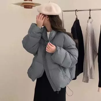 Зимнее пуховое пальто с утолщенной подкладкой, воротник-стойка, защита шеи, карманы, застежка-молния, ветрозащита, сохранение тепла, повседневная хлопковая куртка для холодной погоды M серый