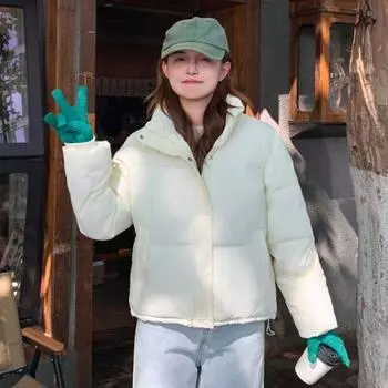 Зимнее пуховое пальто с утолщенной подкладкой, воротник-стойка, карманы, застегивающиеся на молнию, ветрозащитная, сохраняющая тепло, короткая, для холодной погоды, хлопковая куртка S бежевый
