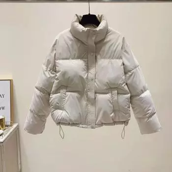 Зимнее пуховое пальто с утолщенной подкладкой, воротником-стойкой, карманами, однобортное, ветрозащитное, с длинными рукавами, сохраняющее тепло, теплая повседневная верхняя одежда, хлопковая куртка M белый