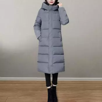 Зимнее пуховое пальто с утолщенной подкладкой, капюшоном, воротником-стойкой, длиной до колена, карманами, застежкой-молнией M красный