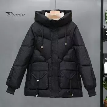 Зимнее пуховое пальто с утолщенным капюшоном, карманами, застежкой-молнией, шнурком и карманами, ветрозащитное, сохраняющее тепло, повседневная верхняя одежда для холодной погоды M чёрный