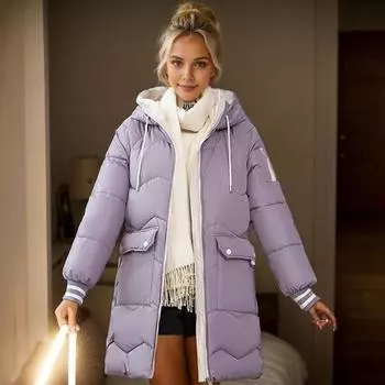 Зимнее пуховое пальто с утолщенным плюшевым капюшоном, большими карманами, средней длины, ветрозащитное, с длинными рукавами, сохраняющее тепло, теплая повседневная верхняя одежда, хлопковая куртка M фиолетовый