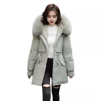 Зимнее пуховое пальто с утолщенным стеганым плюшевым капюшоном, средней длины, ветрозащитными карманами, длинными рукавами, регулируемым шнурком, повседневная верхняя одежда из хлопка, куртка M хаки