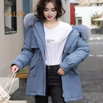 Зимнее пуховое пальто с утолщенным стеганым плюшевым капюшоном, средней длины, ветрозащитными карманами, длинными рукавами, регулируемым шнурком, повседневная верхняя одежда из хлопка, куртка XL синий