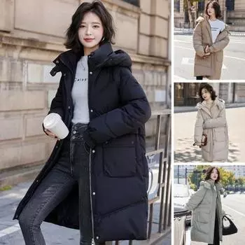 Зимнее пуховое пальто с защитой шеи, воротником-стойкой, утепленным капюшоном и карманами, застегивающаяся на молнию парка, ветрозащитная, сохраняющая тепло повседневная верхняя одежда из хлопка куртка M хаки