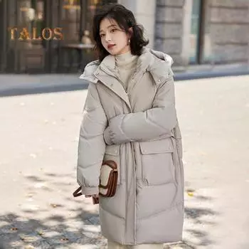 Зимнее пуховое пальто с защитой шеи, воротником-стойкой, утепленным капюшоном и карманами, застегивающаяся на молнию парка, ветрозащитная, сохраняющая тепло, повседневная верхняя одежда для холодной погоды, хлопок M бежевый