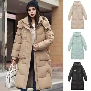 Зимнее пуховое пальто с защитой шеи, воротником-стойкой, утепленным капюшоном и карманами, застежкой-молнией, ветрозащитная парка, сохраняющая тепло, повседневная верхняя одежда, хлопковая куртка M чёрный