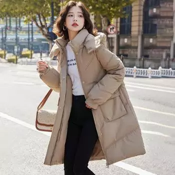 Зимнее пуховое пальто с защитой шеи, воротником-стойкой, утепленным капюшоном и карманами, застегивающаяся на молнию парка, ветрозащитная, сохраняющая тепло повседневная верхняя одежда для холодной погоды M чёрный