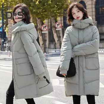 Зимнее пуховое пальто с защитой шеи, воротником-стойкой, утепленным капюшоном и карманами, застегивающаяся на молнию парка, ветрозащитная, сохраняющая тепло, повседневная верхняя одежда для холодной погоды, хлопок M хаки