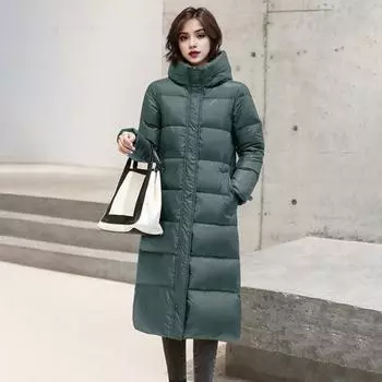Зимнее пуховое пальто с защитой шеи, утепленное, с капюшоном и карманами, застежка-молния, парка M зелёный
