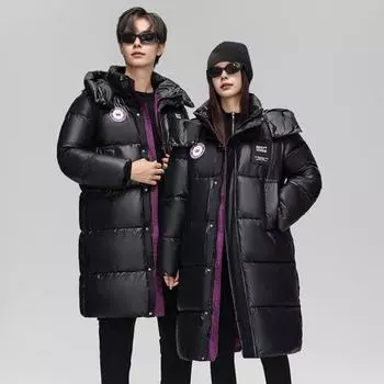 Зимнее пуховое пальто унисекс со съемным капюшоном, утолщенное, с защитой от ветра, застегивается на кнопки, застегивается на молнию средней длины M чёрный