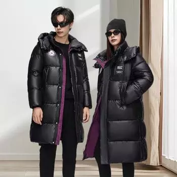 Зимнее пуховое пальто унисекс со съемным капюшоном, утолщенное, с защитой от ветра, застегивается на кнопки, застегивается на молнию средней длины M чёрный