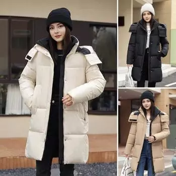 Зимнее пуховое пальто Утепленное с капюшоном Воротник-стойка Карманы Карманы на молнии Ветрозащитное Сохранение тепла Повседневная верхняя одежда для холодной погоды Хлопковая куртка M чёрный