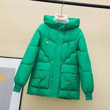 Зимнее пуховое пальто Утолщенный мягкий капюшон с карманами Застежка-молния со шнурком и карманами Ветрозащитный Сохранение тепла Повседневная верхняя одежда для холодной погоды Хлопок M красный