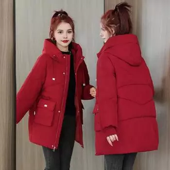 Зимнее пуховое пальто Утолщенный с капюшоном Карманы Застежка-молния Затягивающийся шнурок Средняя длина Ветрозащитный M красный