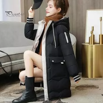 Зимнее пуховое пальто Утолщенный с капюшоном Защита шеи Карманы Застежка-молния Затягивающийся шнурок Ветрозащитный Сохранение тепла Повседневная верхняя одежда для холодной погоды Хлопок S бежевый