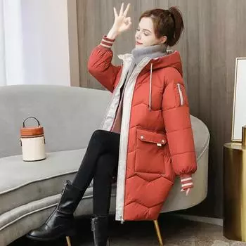 Зимнее пуховое пальто Утолщенный с капюшоном Защита шеи Карманы Застежка-молния Затягивающийся шнурок Ветрозащитный Сохранение тепла Повседневная верхняя одежда для холодной погоды Хлопок S кирпич красный