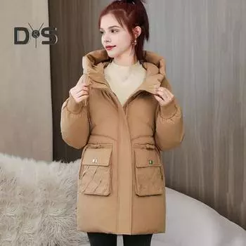 Зимнее пуховое пальто Утолщенный с капюшоном Карманы Застежка-молния Затягивающийся шнурок Средняя длина Ветрозащитный Сохранение тепла Повседневная верхняя одежда для холодной погоды Хлопок M чёрный