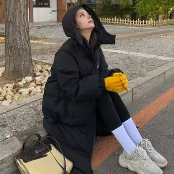 Зимнее пуховое пальто Утолщенный стеганый капюшон С воротником-стойкой Длина выше колена Карманы Застежка-молния Ветрозащитный Сохранение тепла Теплая повседневная верхняя одежда для холодной погоды S чёрный